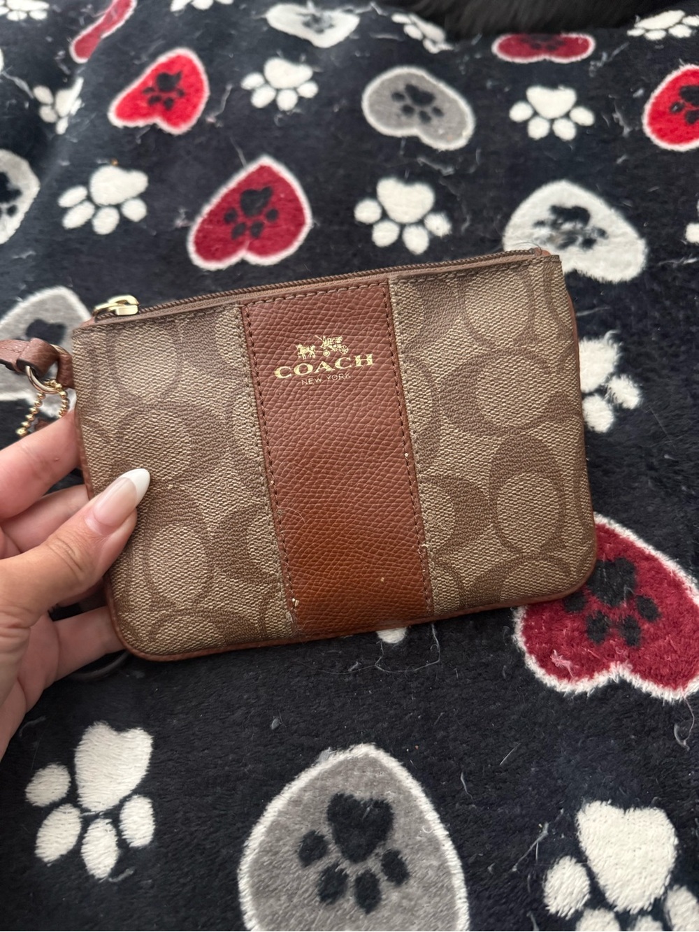 Coach Brown Signature Canvas Wristlet with Leather Stripe